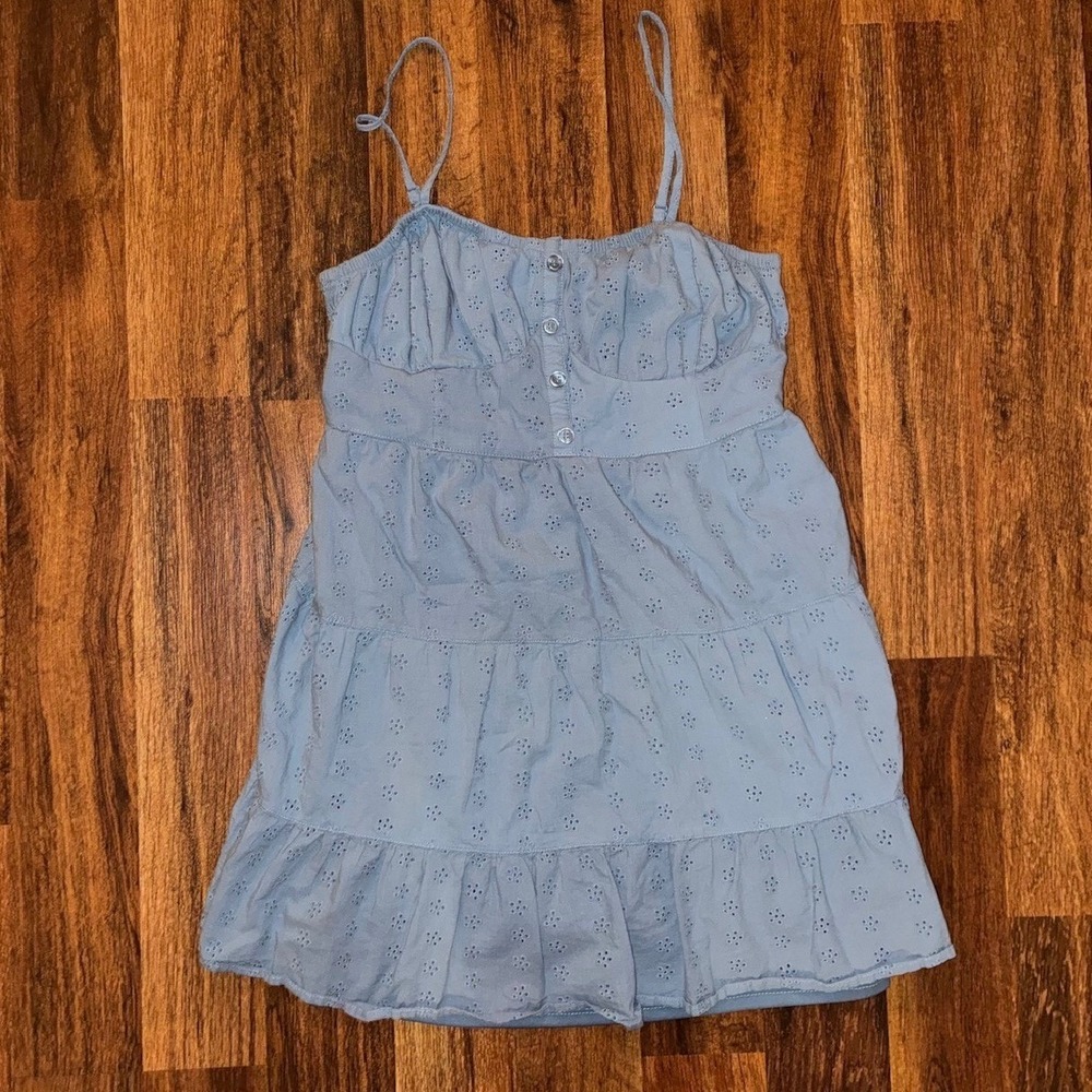 Light Blue Eyelet Tiered Mini Dress Smocked Back Adjustable Straps Summer Dress